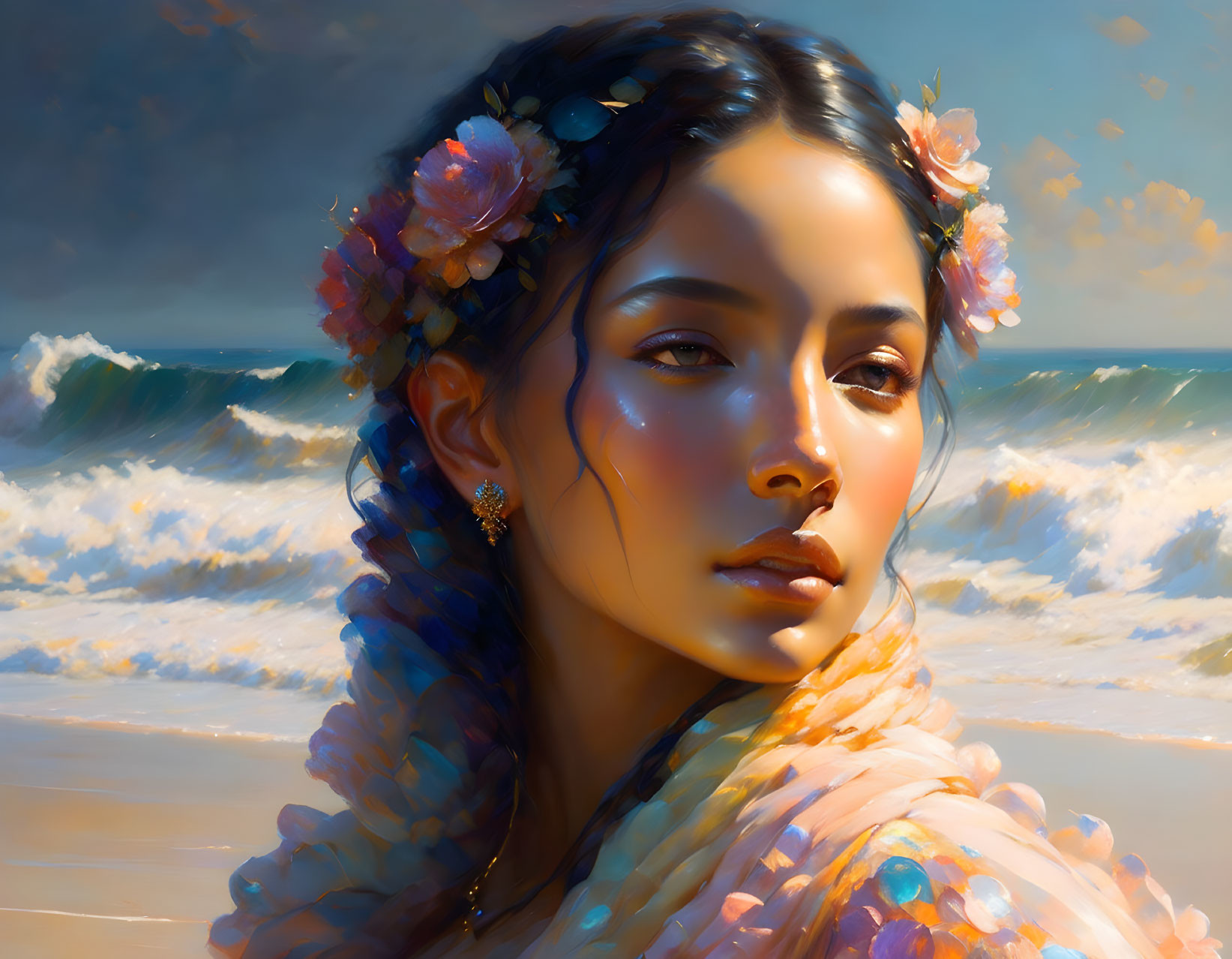 Portrait of woman with flowers in hair, looking at ocean waves