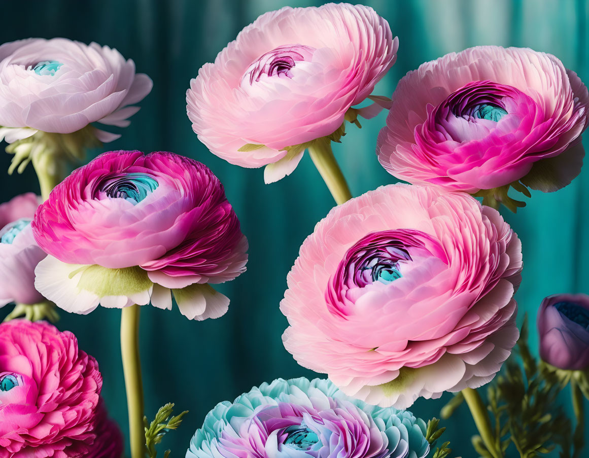 Pink and White Ranunculus Flowers on Teal Background