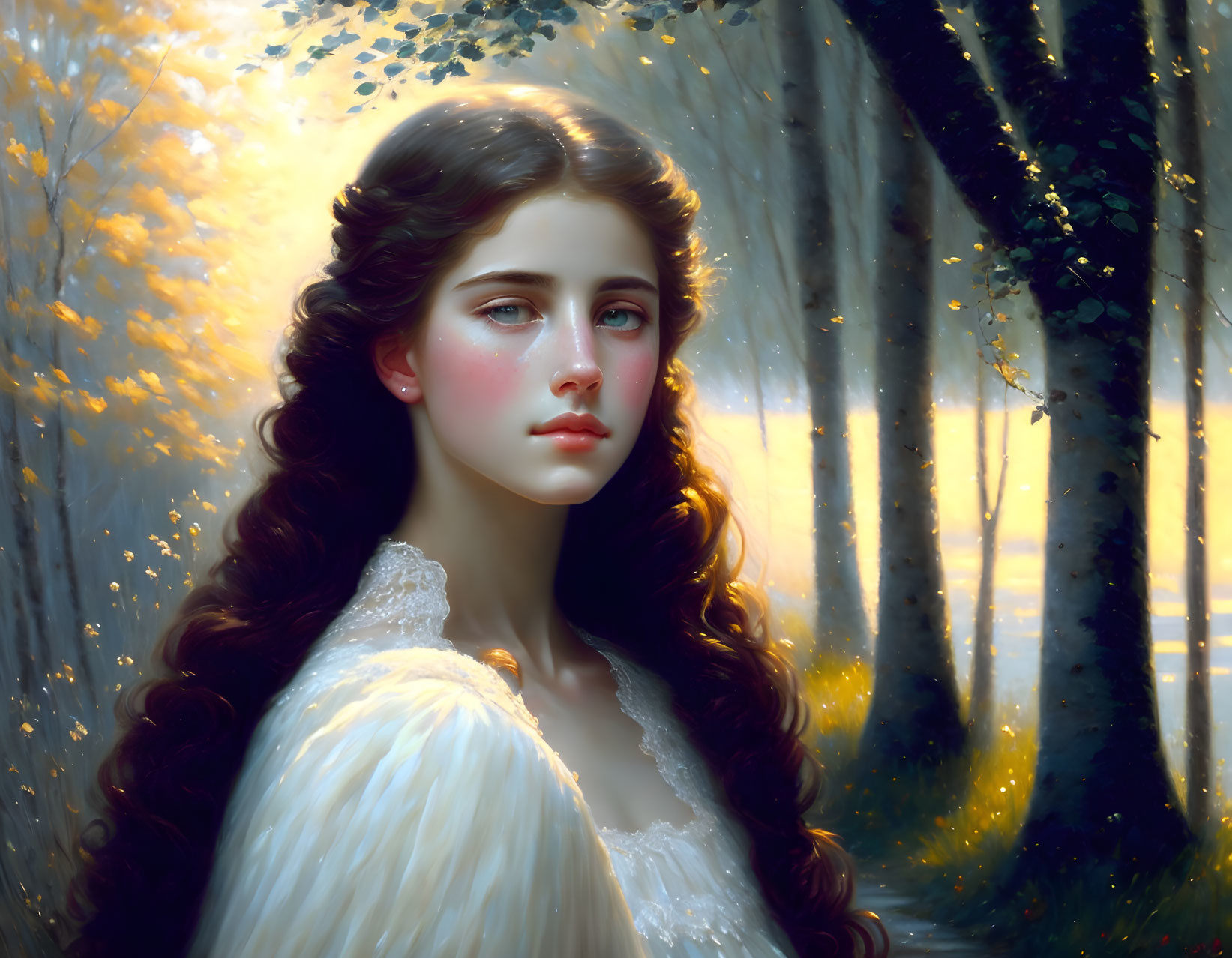 Young woman with long brown hair in sunlit forest with golden leaves