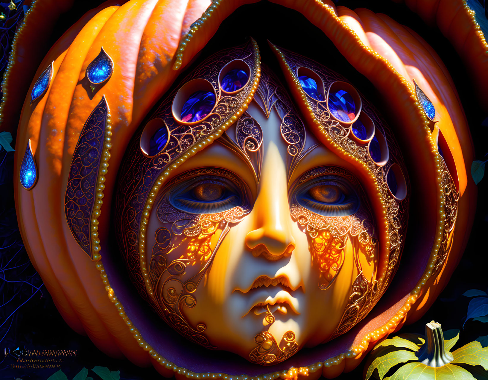 Fantasy face with ornate patterns and gemstones in pumpkin frame