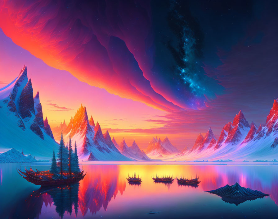 Colorful sci-fi landscape with purple and pink sky, mountains, lake, and galaxy.