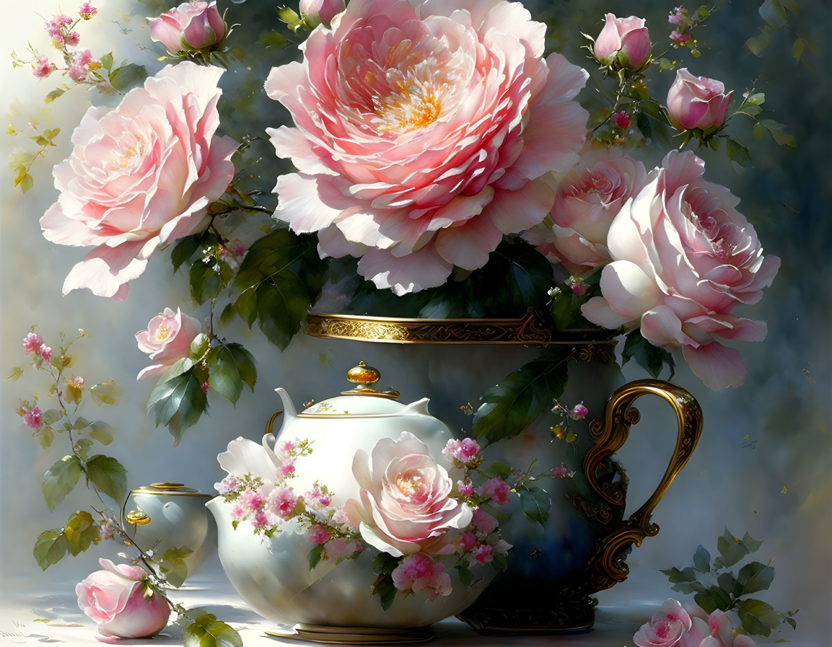 Porcelain teapot with floral designs and pink roses on textured background