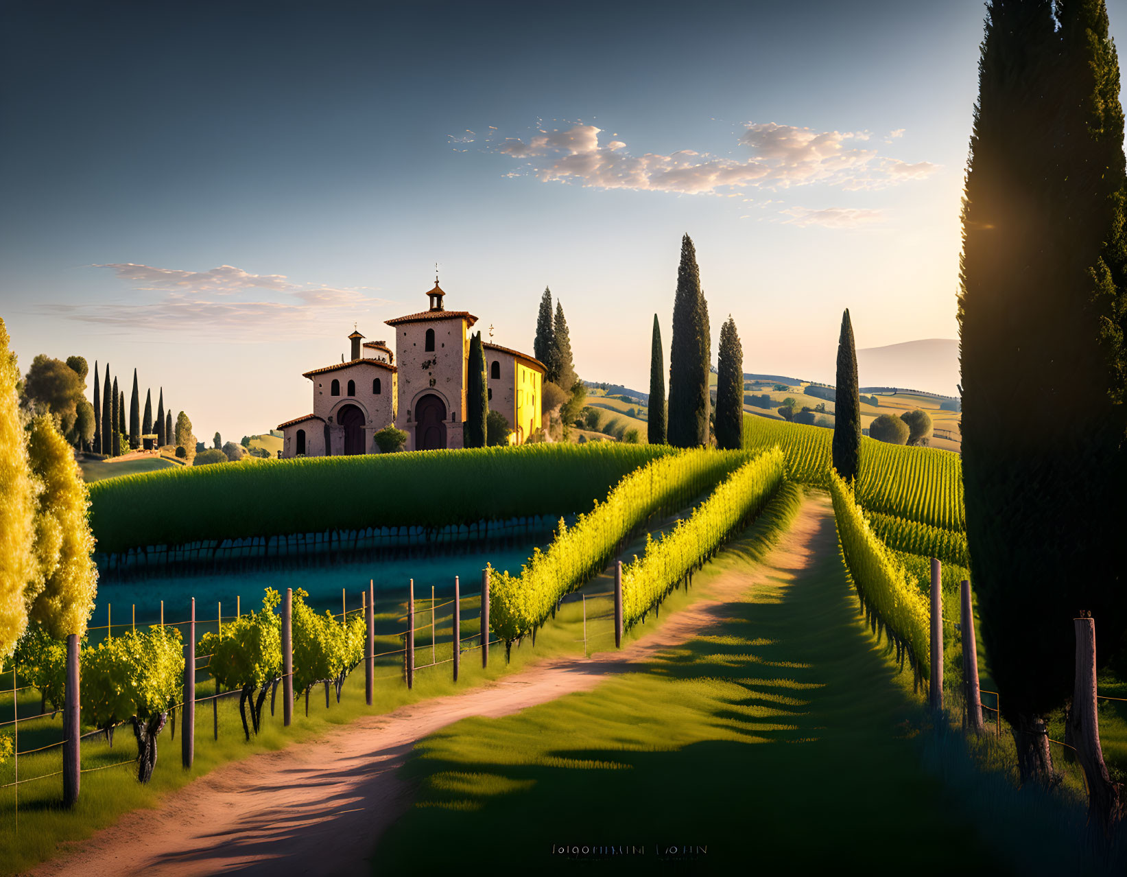 Tuscan sunset landscape: vineyard, villa, cypress trees.