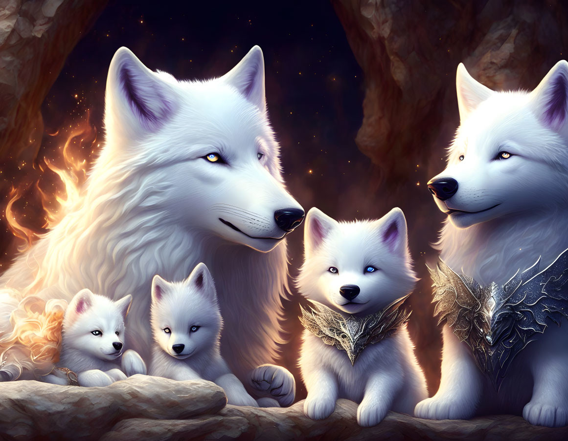 White wolf family with fantasy touch by fire in rocky terrain