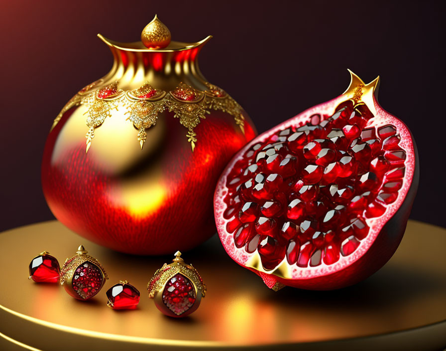 Golden pot, cut pomegranate, and jewelry on gold surface