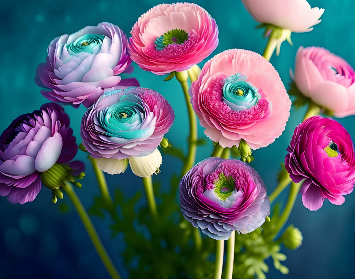 Multicolored Ranunculus Flowers on Turquoise Background