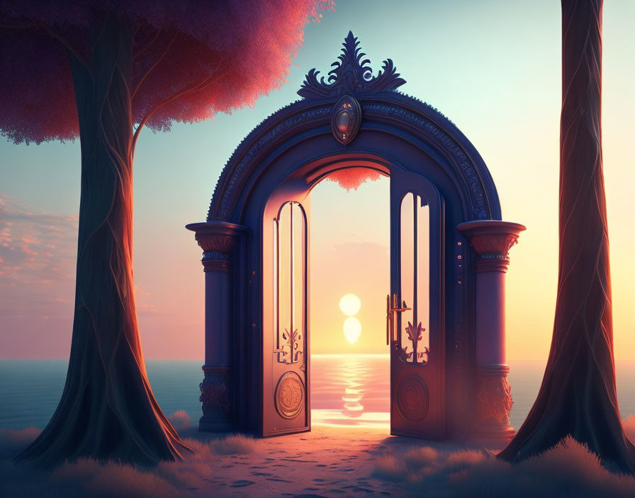 Sunset ocean view through ornate doorway with silhouetted trees