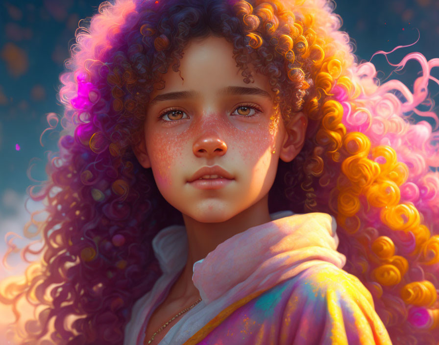 Portrait of young person with curly hair and freckles in dreamy expression