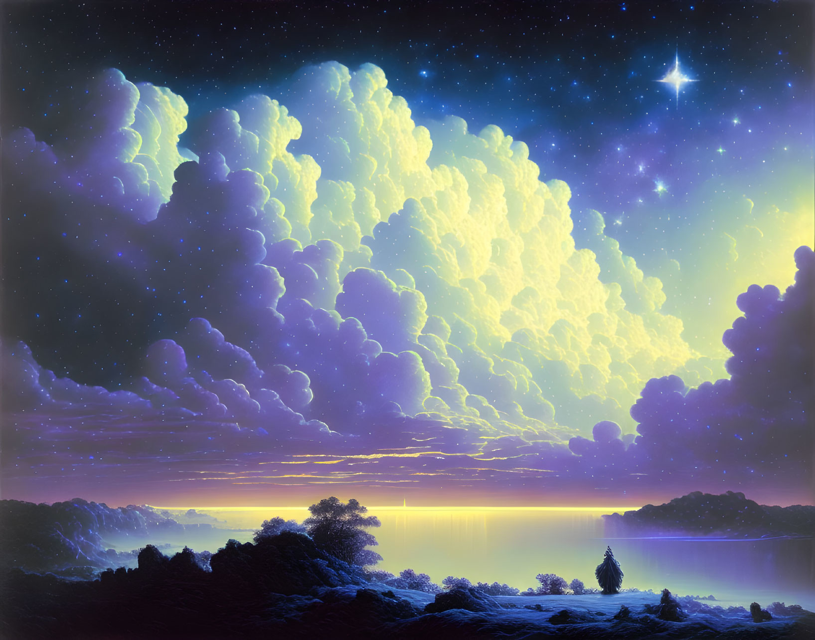 Surreal nightscape with towering clouds, stars, and serene lake.