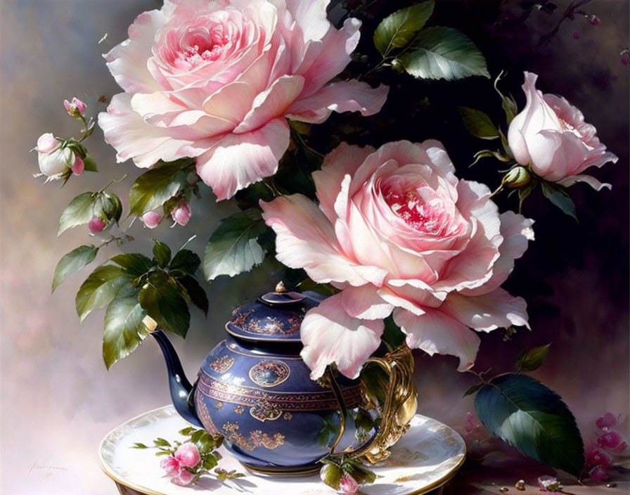 Detailed painting of large pink roses with blue teapot and cup set against a moody backdrop