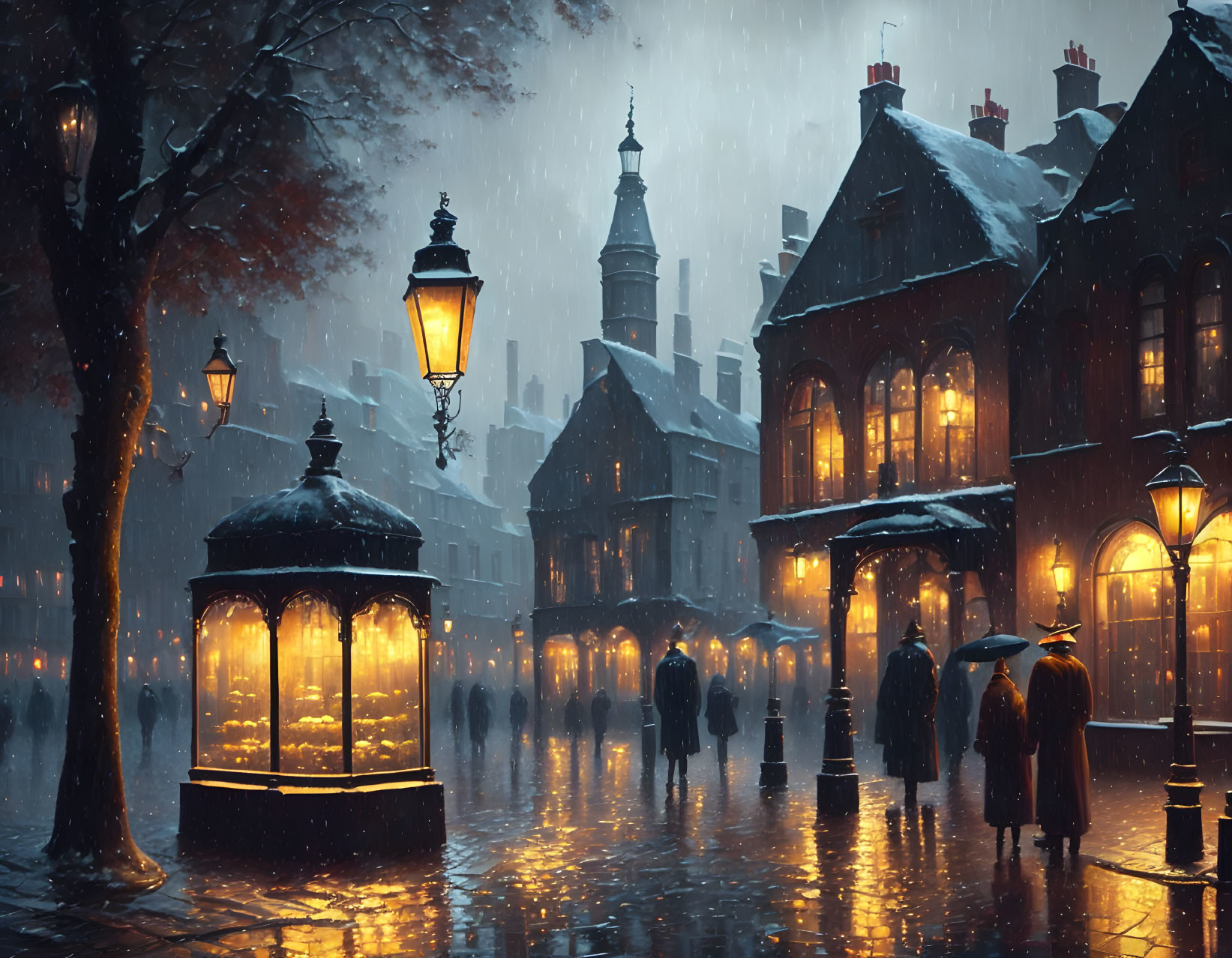 Night scene: Rainy cobblestone street with people under umbrellas, warm vintage lighting.