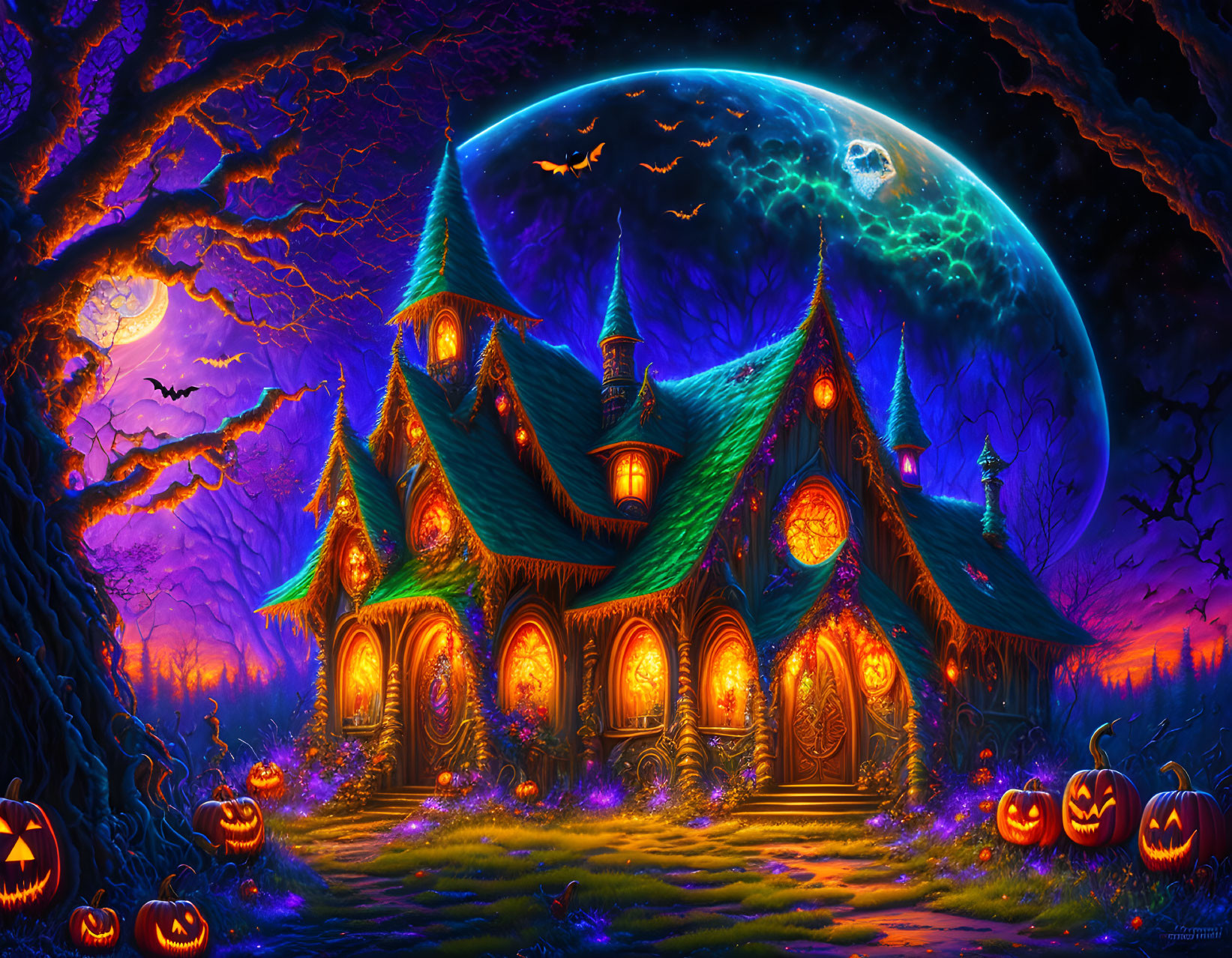 Fantasy Halloween cottage illustration with jack-o'-lanterns, bats, and eerie night scene