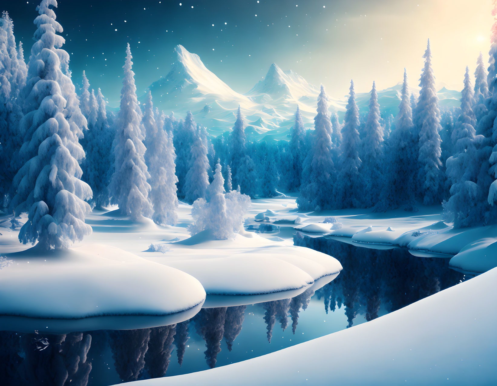 Snow-covered trees, frozen river, and starry mountains in winter landscape