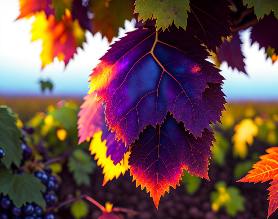 Vibrant grape leaf transitioning from green to purple in blurred vineyard sunset.