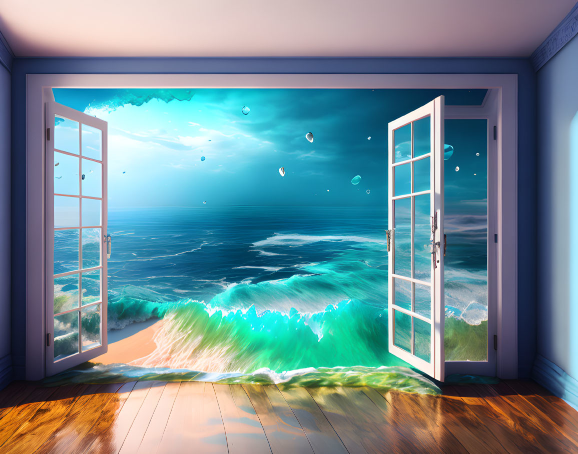 Wooden-floored room doorway opens to surreal ocean scene with crashing waves under blue sky