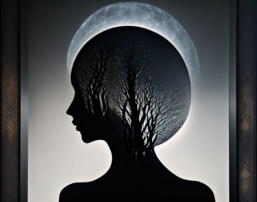 Profile silhouette with tree and crescent moon in starry sky symbolizing mind and nature unity.