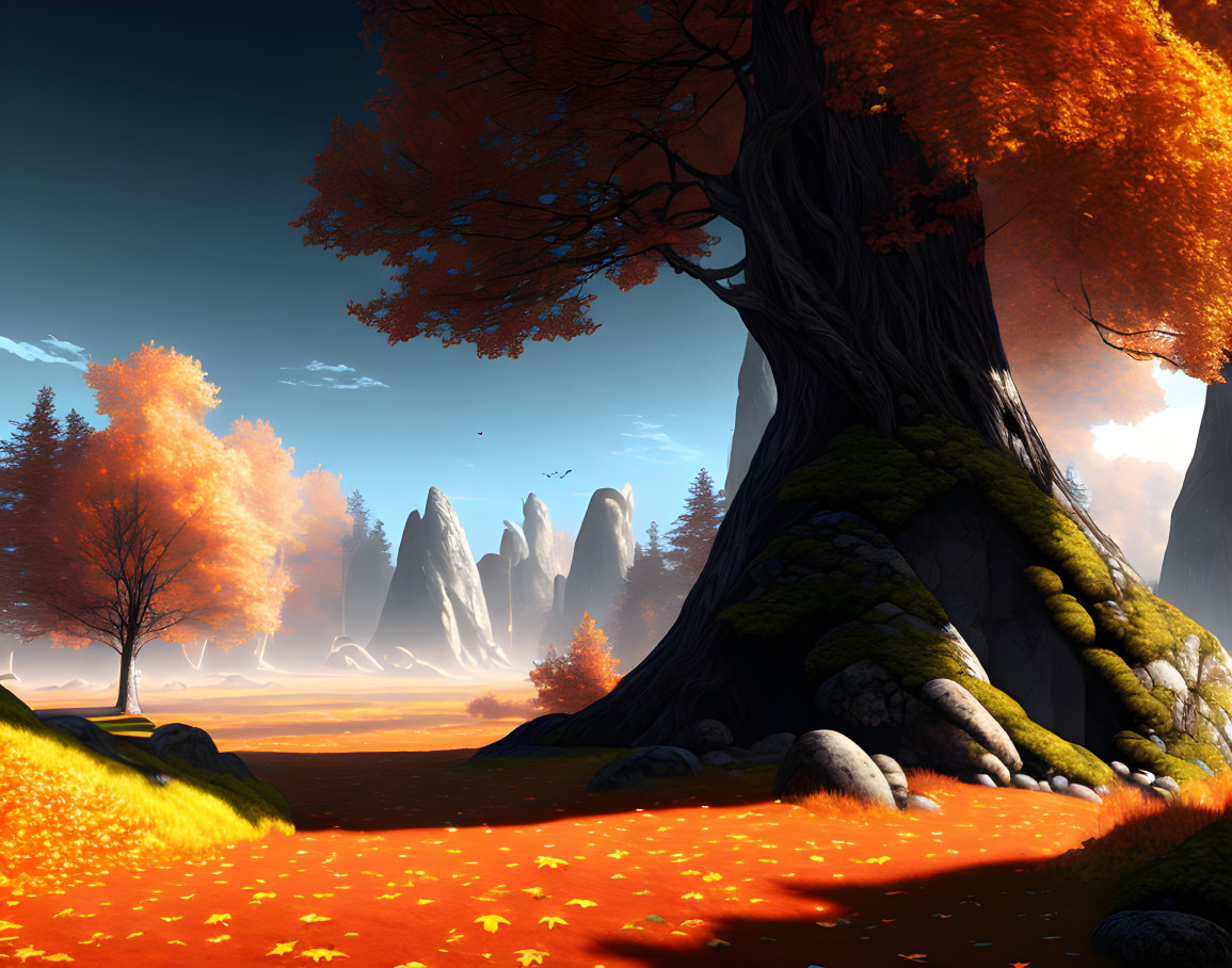 Scenic autumn landscape with large tree, orange leaves, rock formations, and blue sky