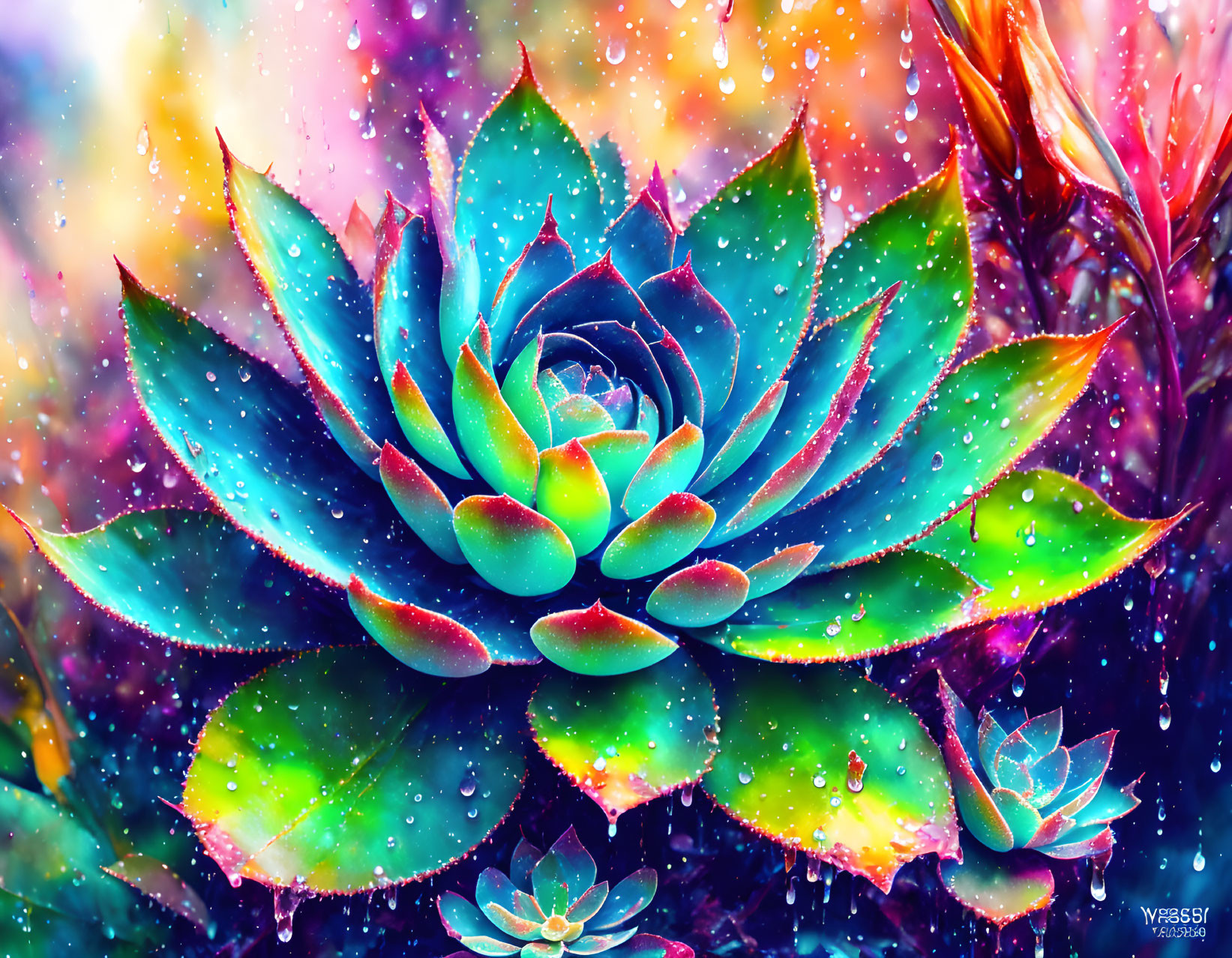 Colorful Succulent Digital Art with Water Droplets and Bokeh Background