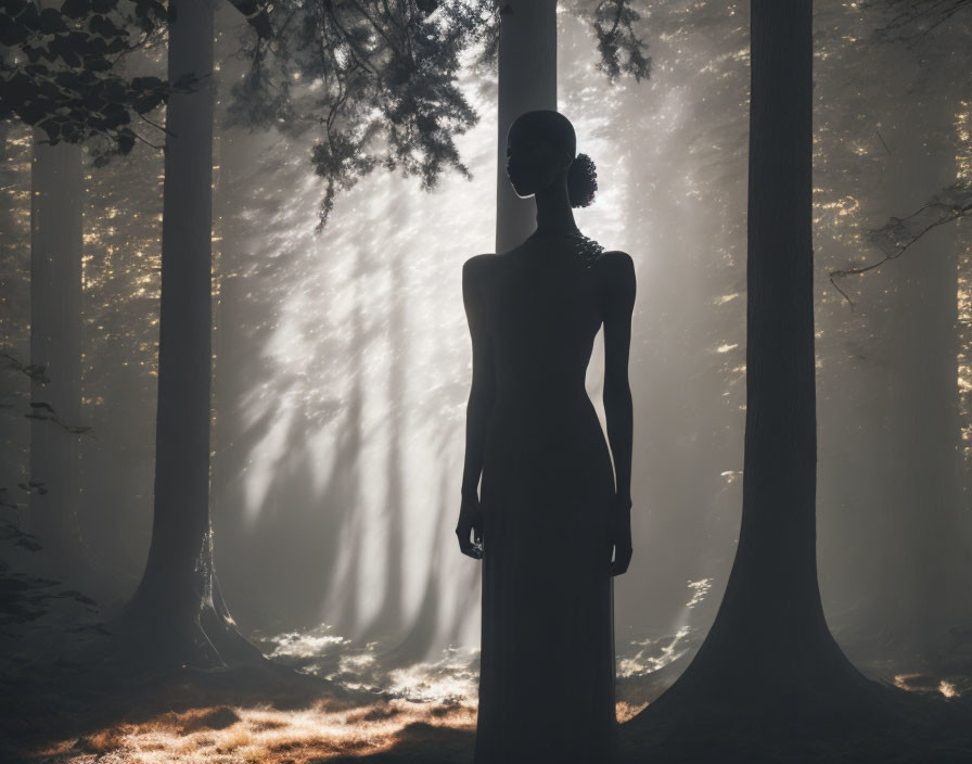 Person's silhouette in misty forest with sunbeams: a mystical scene