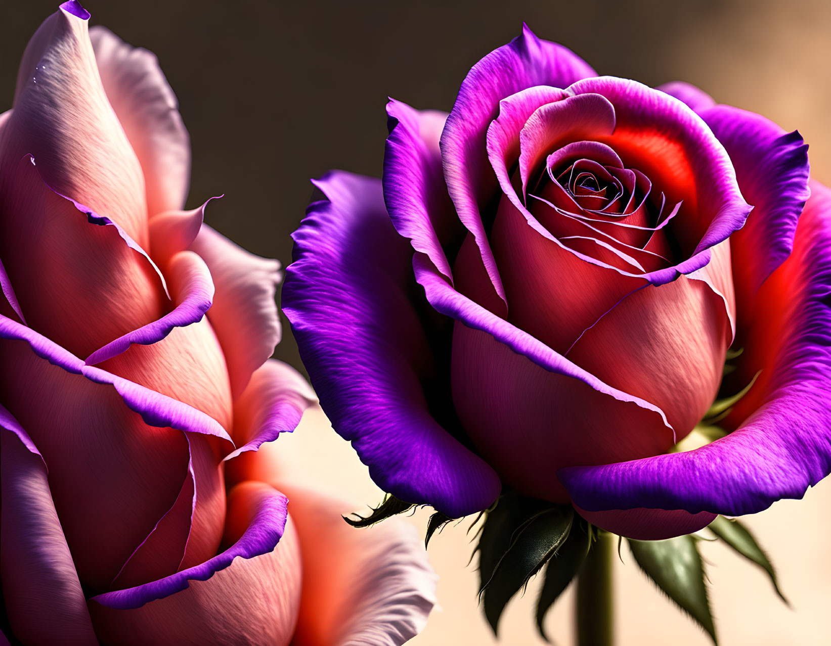 Vibrant purple and pink rose with intricate petals on soft-focus background