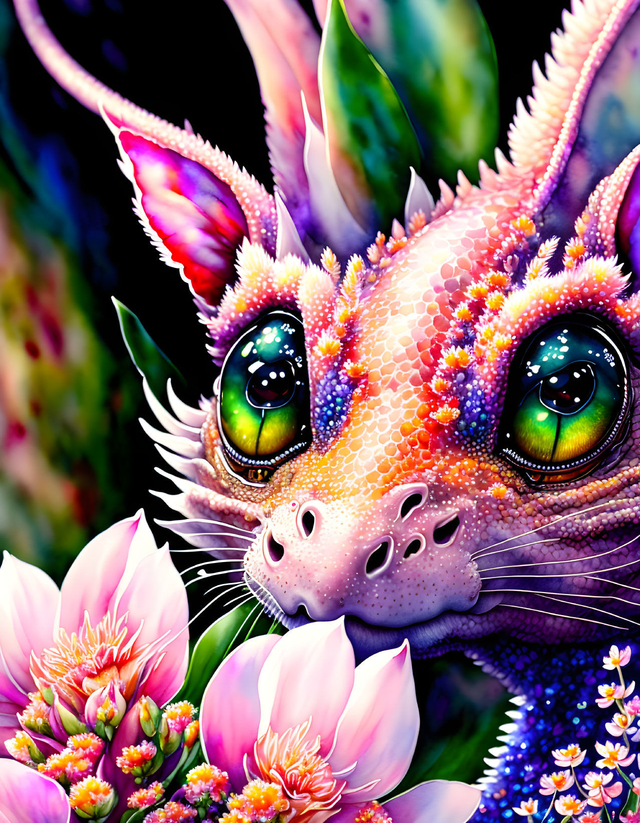 Colorful Artwork: Fantastical Dragon Creature with Green Eyes & Exotic Flowers