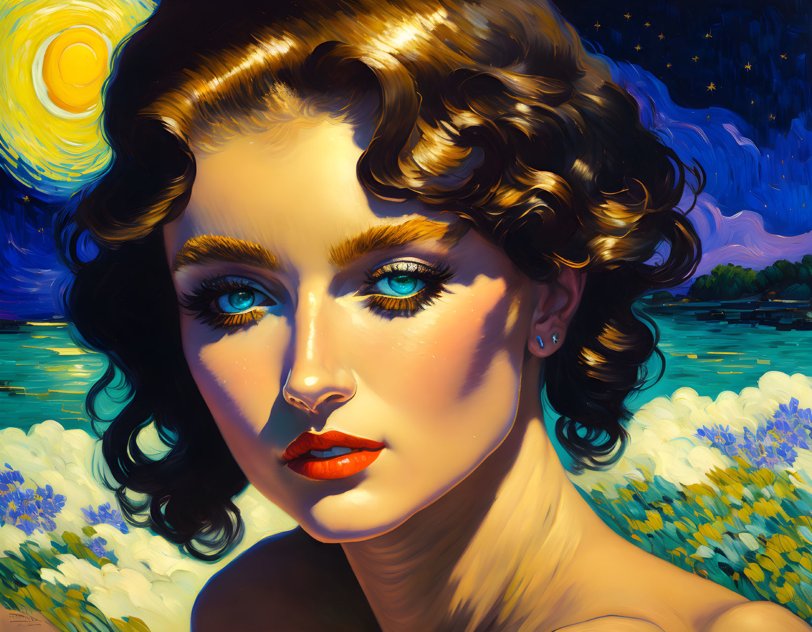 Stylized portrait of woman with curly hair, blue eyes, red lips, starry night sky