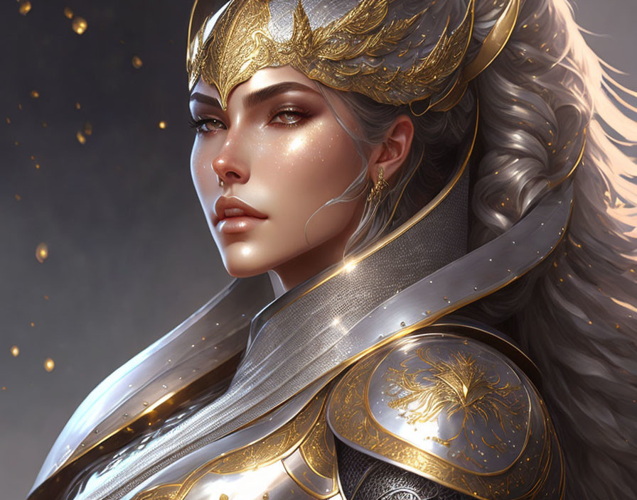 Illustration of female warrior in golden armor with fur-lined cape and majestic helm, surrounded by glowing particles