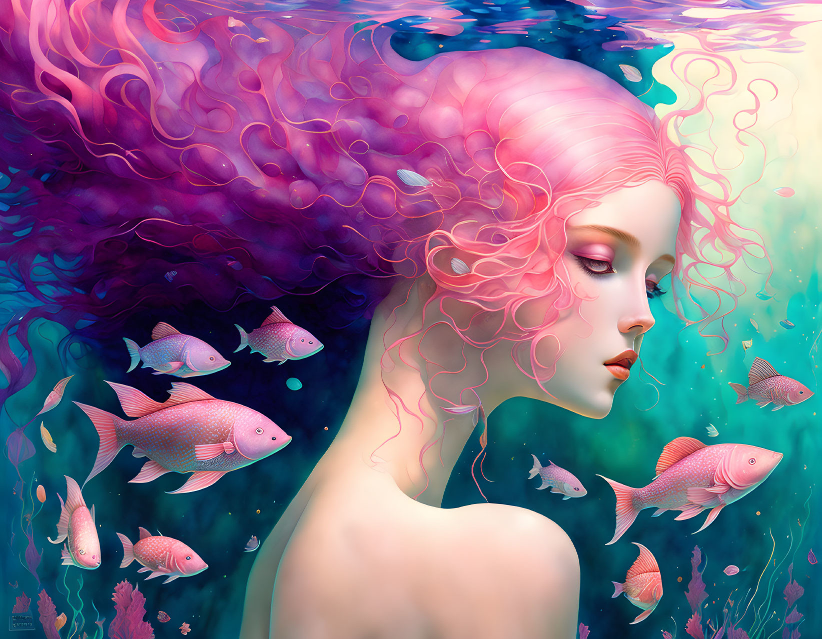 Vibrant pink-haired woman surrounded by fish in a fantastical scene