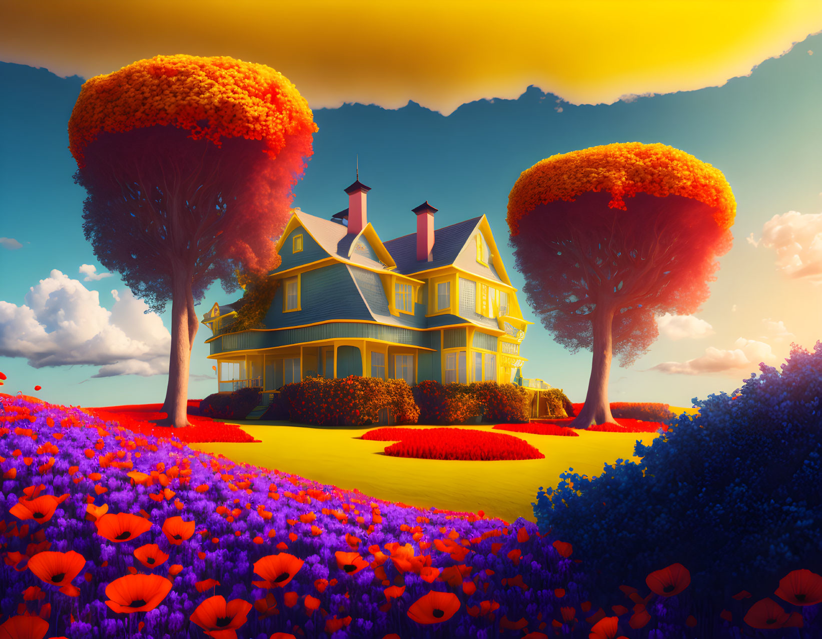 Surreal landscape: yellow Victorian house, red trees, blue sky, red poppies