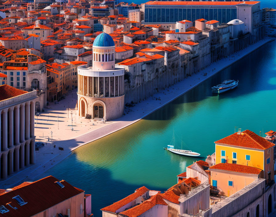 Historical coastal city with orange rooftops, blue dome church, and turquoise river.