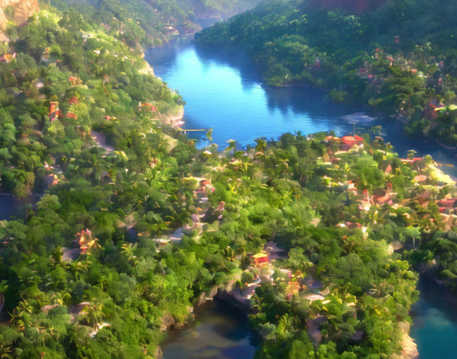 Verdant river valley with tropical forest and thatched-roof buildings