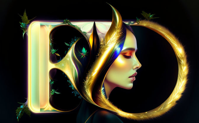 Surreal portrait of woman with golden horn, glowing "D" letter, and vine leaves