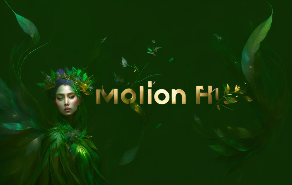 Woman in floral headwear surrounded by swirling green leaves on dark green background with text "Molion