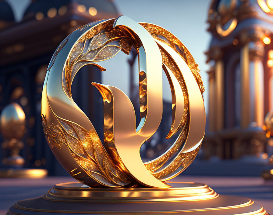 Intricate Golden Trophy with Swirling Patterns on Grand Architecture Background