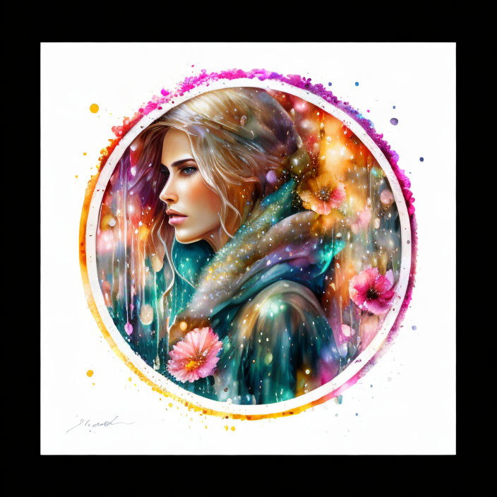 Colorful digital artwork of a woman's profile with floral elements on starry backdrop