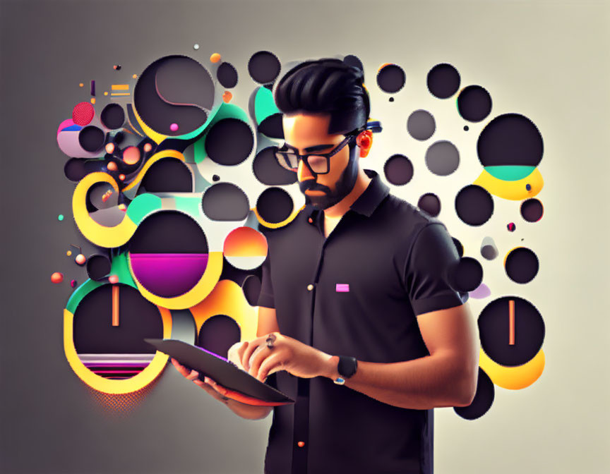 Stylized image of bearded man with glasses using tablet surrounded by colorful shapes