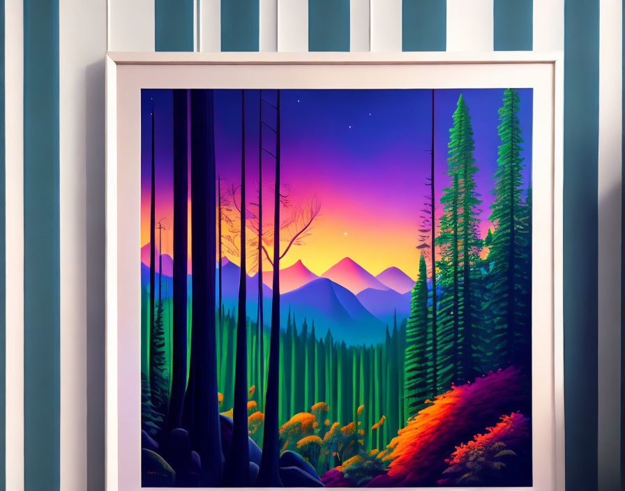 Mountainous landscape painting with purple twilight skies and silhouetted trees on striped wall