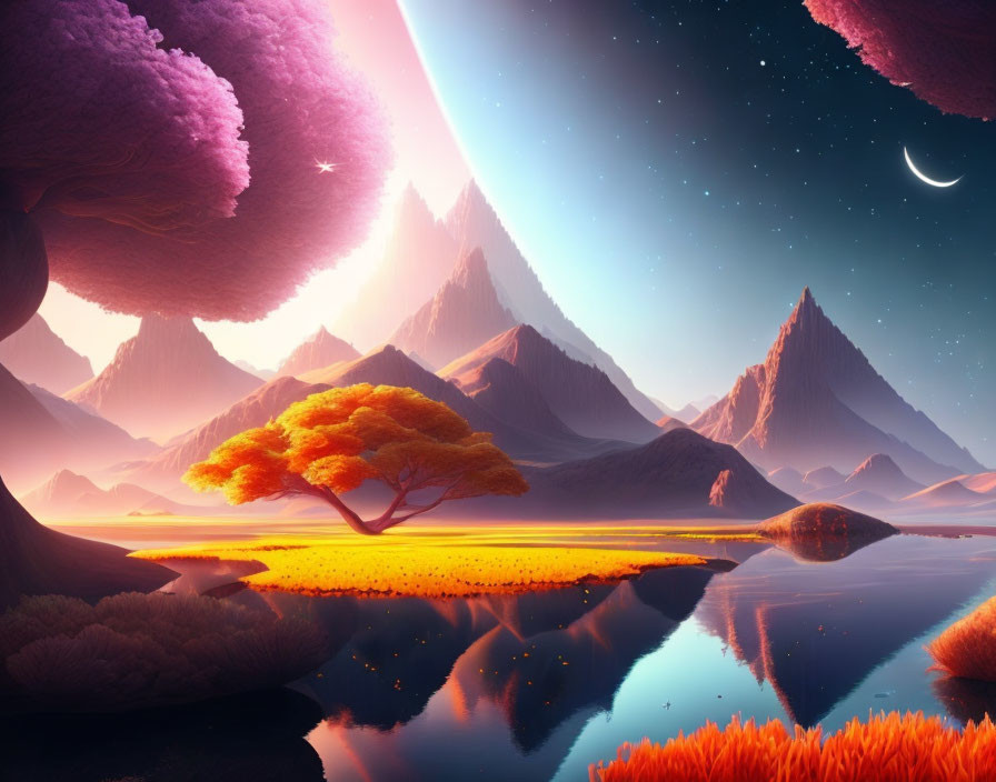 Vibrant surreal landscape with pink clouds, orange foliage, reflective water, mountains, and crescent