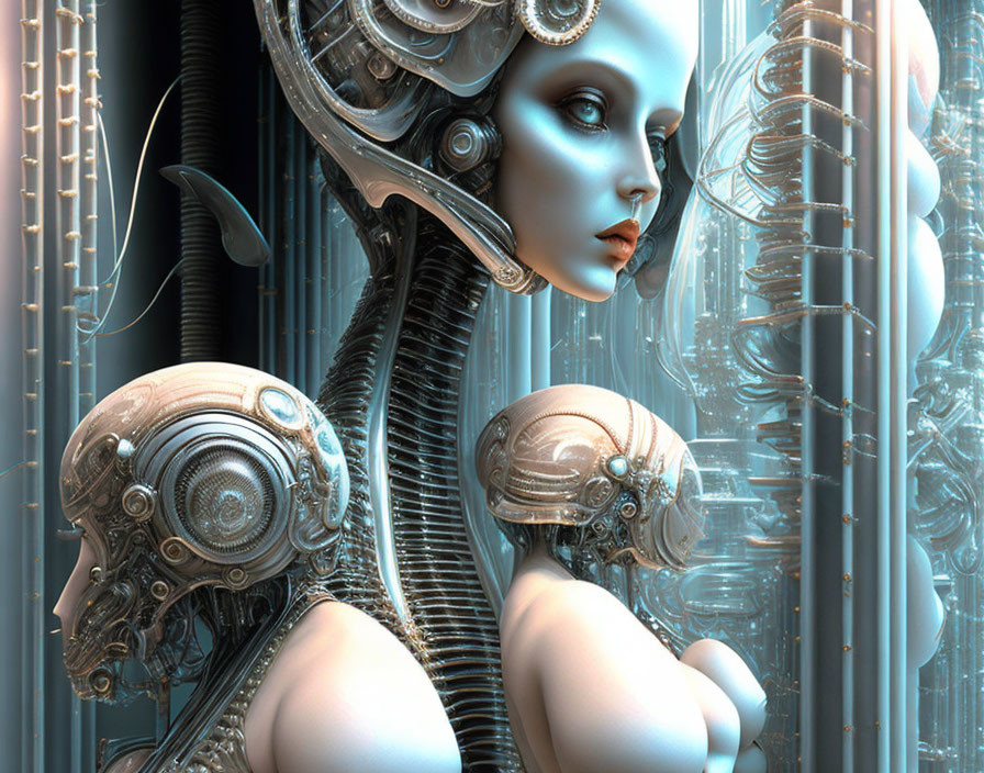 Detailed 3D Female Robot Illustration in Futuristic Setting