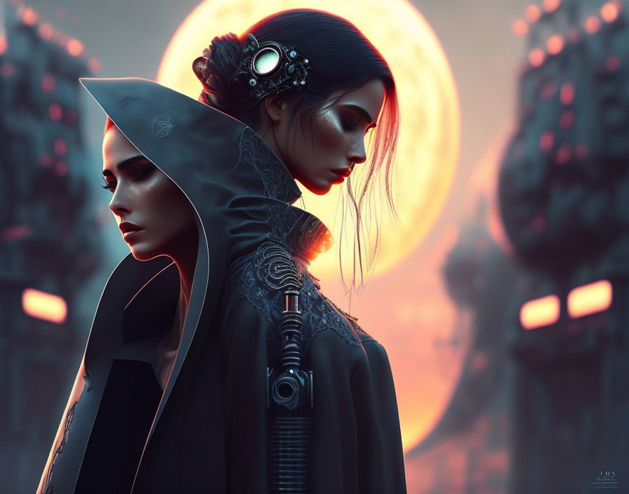 Futuristic female figures with cybernetic enhancements under red moon