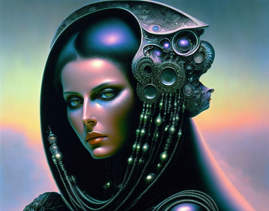 Futuristic headdress digital painting with pearls and metallic details