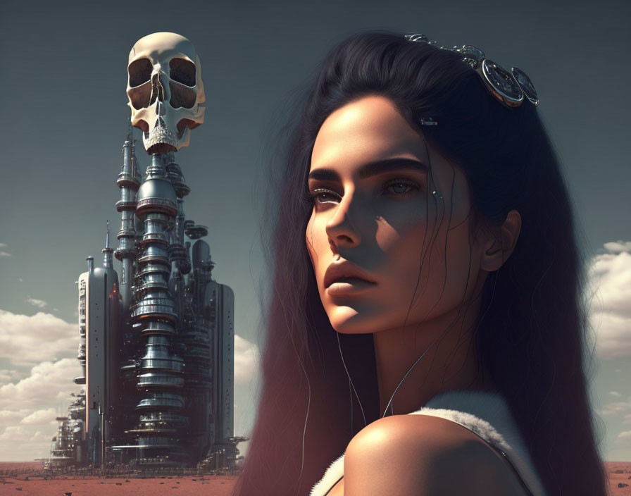 Woman with goggles in desert near futuristic tower with skull.