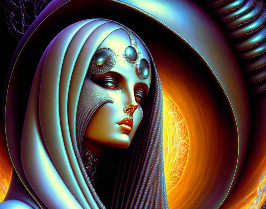 Detailed Robotic Headpiece on Futuristic Female Figure with Blue Eyes in Orange Backdrop