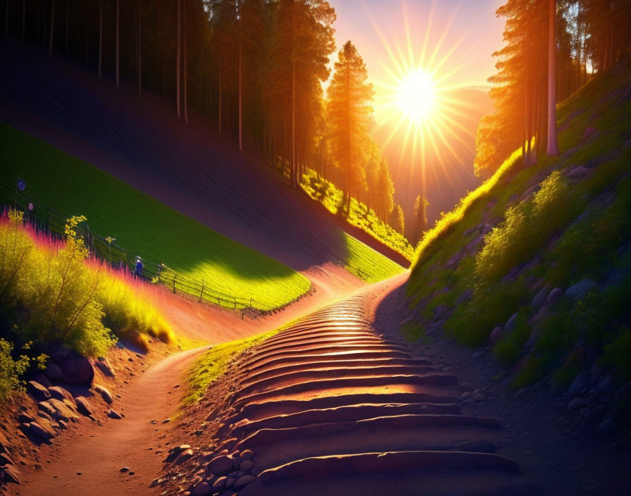 Vibrant sunset over picturesque landscape with cobblestone path