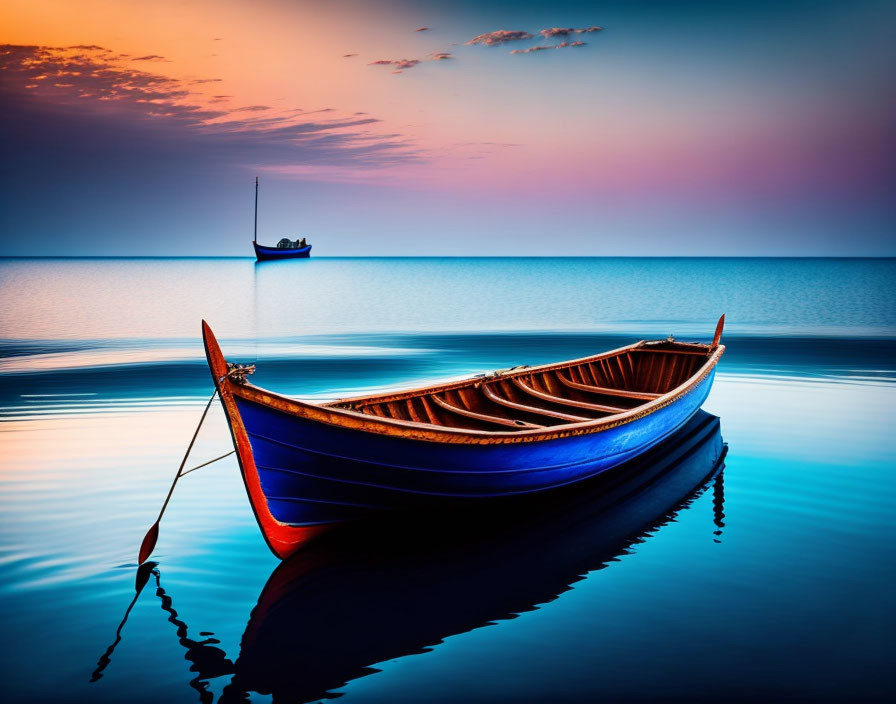 Tranquil image of two boats on calm water under gradient sky