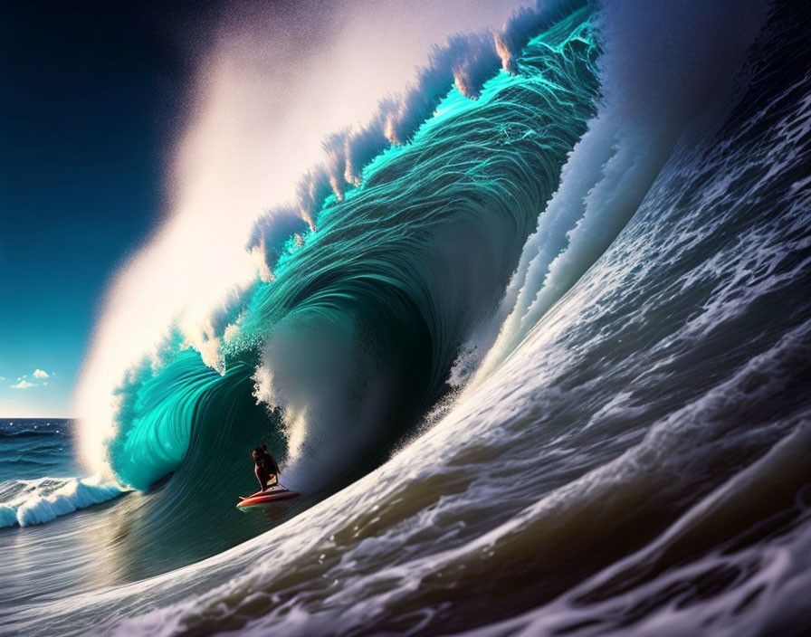 Surfer riding massive curling wave under glowing sunlight