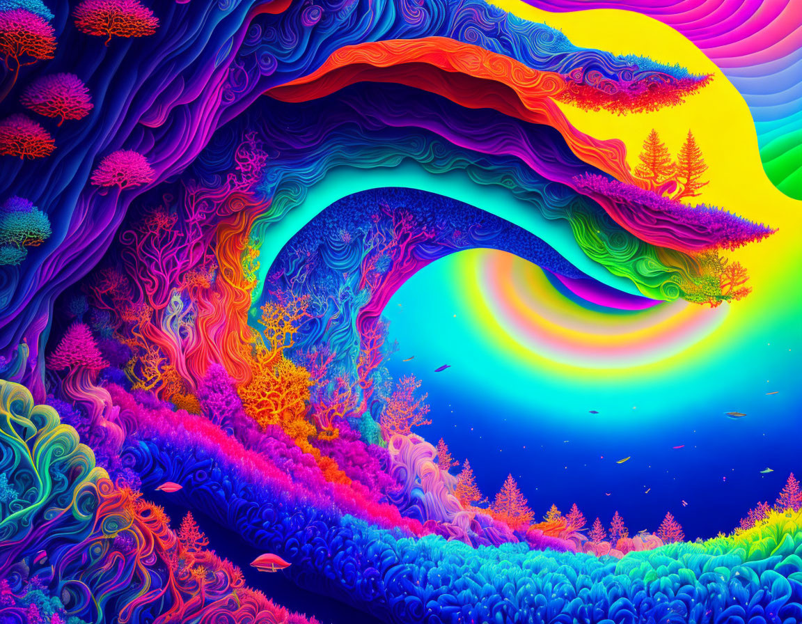 Colorful Psychedelic Landscape with Swirling Colors and Tree-like Structures