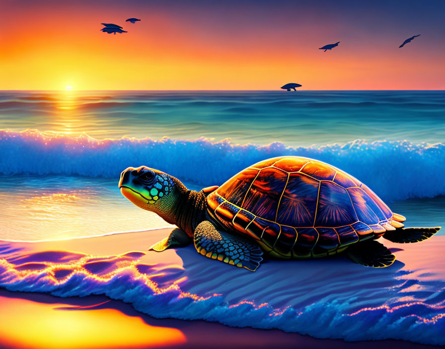 Colorful Sea Turtle on Sandy Beach at Sunset with Birds