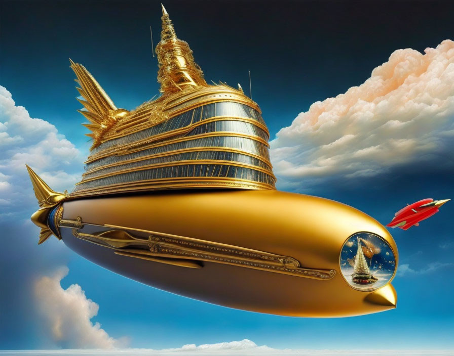 Golden airship and red rocket in cloudy sky