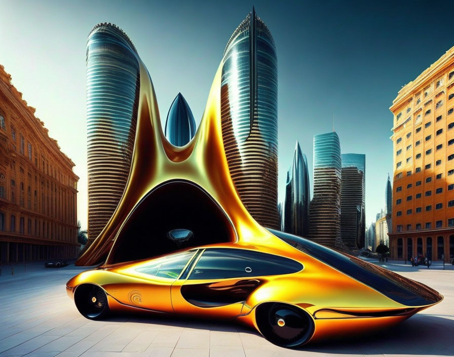 Futuristic orange car in plaza with imaginative skyscrapers